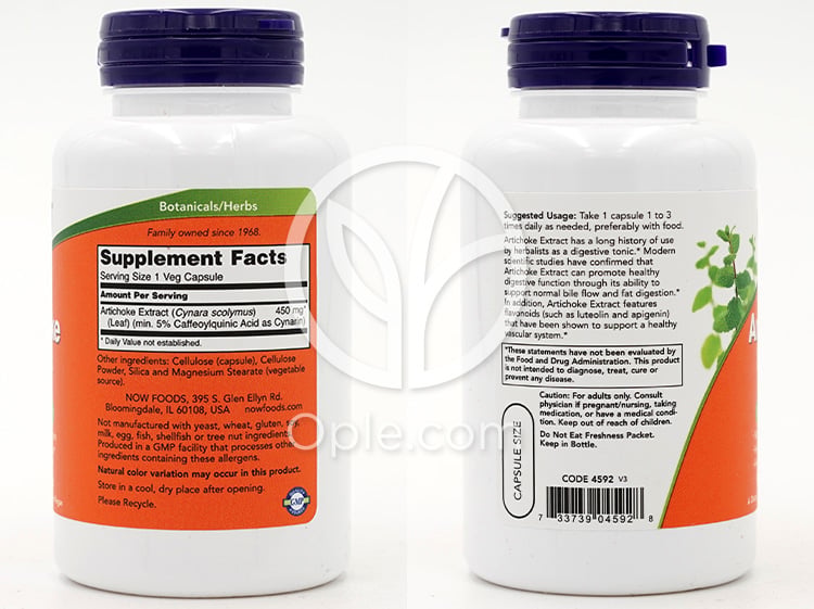 NOW Foods アーティチョークエキス 450mg、ベジカプセル90粒 — 후면