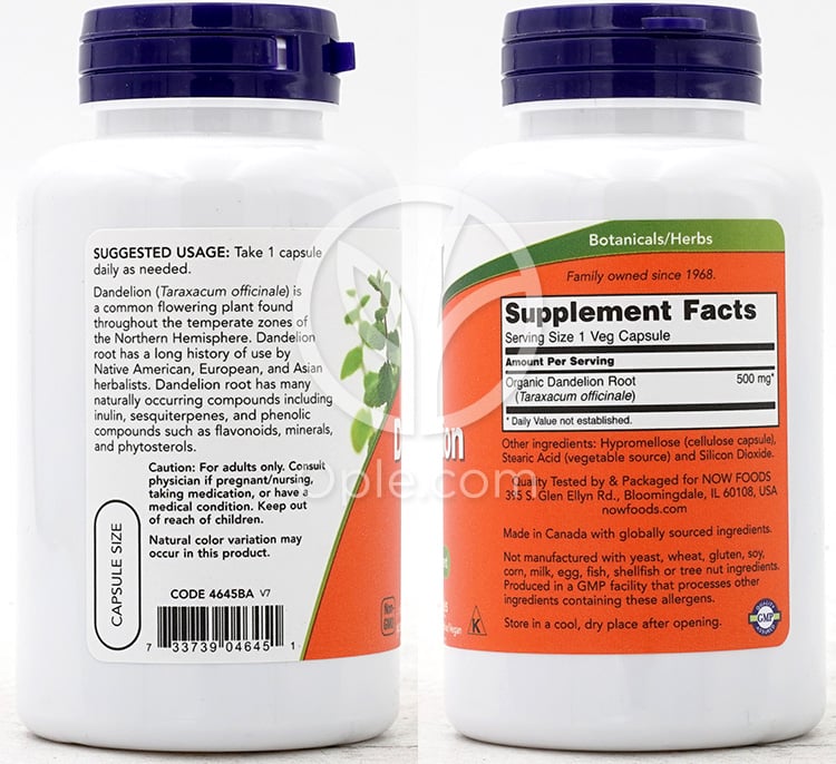 나우푸드_Dandelion Root 500 mg, 100 Veg Capsules — 후면