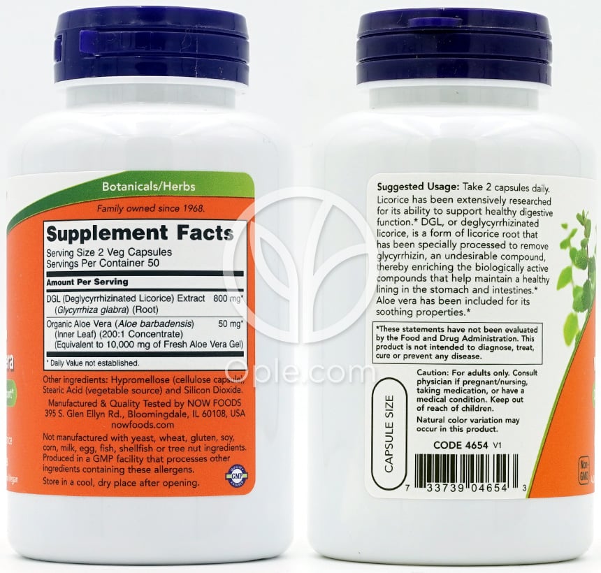 NOW Foods_DGL（甘草根エキス）400mgアロエベラ配合、100ベジカプセル — 후면