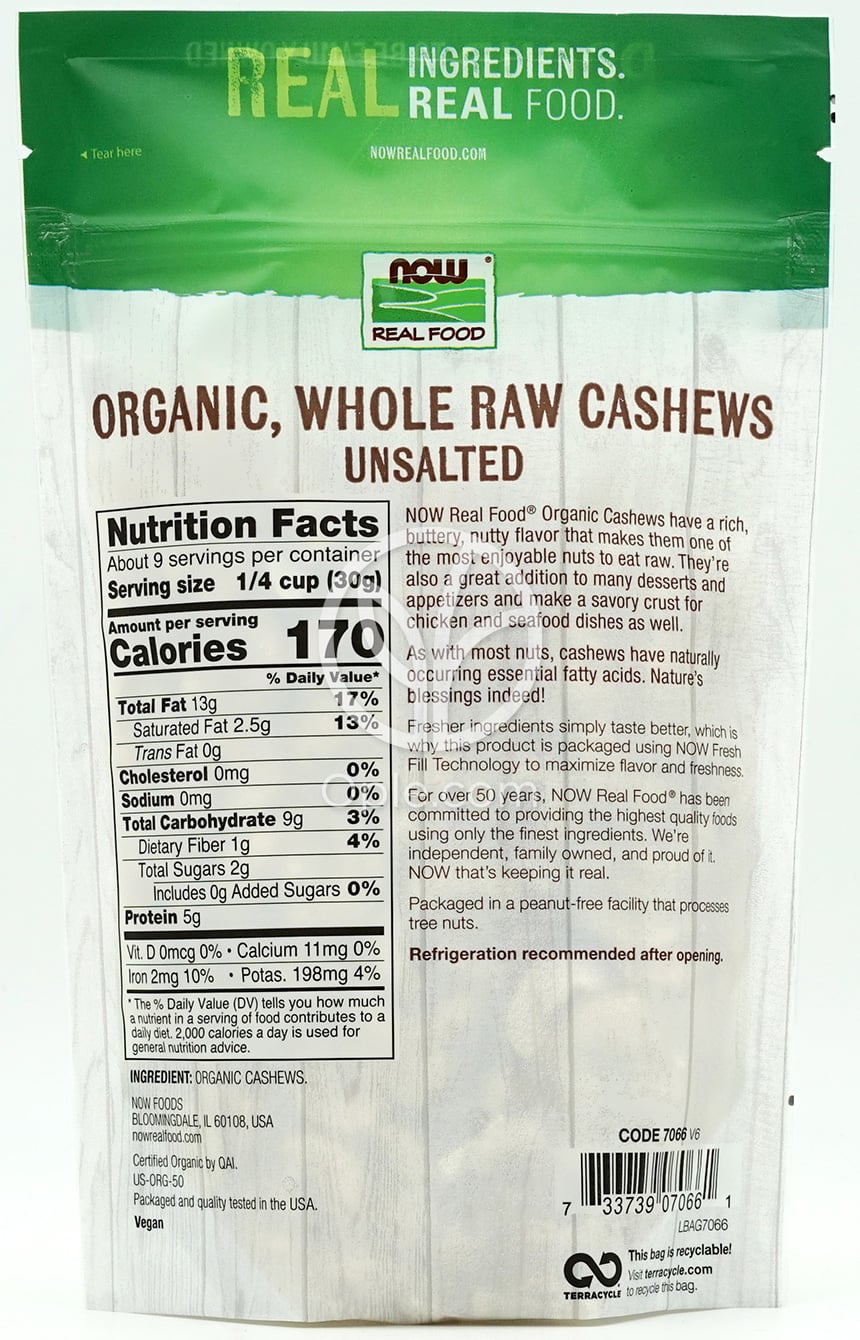 나우푸드_Real Food Organic & Unsalted Whole, Raw Cashews,  10 oz — 후면
