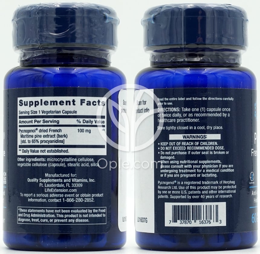 Life Extension ピクノジェノール フランス海岸松樹皮エキス 100mg、60植物性カプセル — 후면