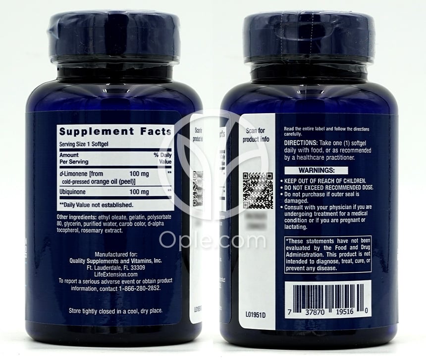 라이프익스텐션_슈퍼-앱조버블 코엔자임Q10 (유비퀴논) 100mg 위드 D-리모넨, 60 소프트젤 — 후면