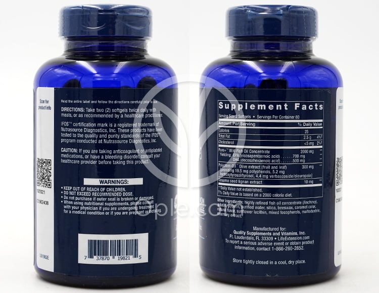 ライフエクステンション_スーパーオメガ-3 EPA/DHA フィッシュオイル、ゴマリグナン＆オリーブエキス、120ソフトジェル — 후면