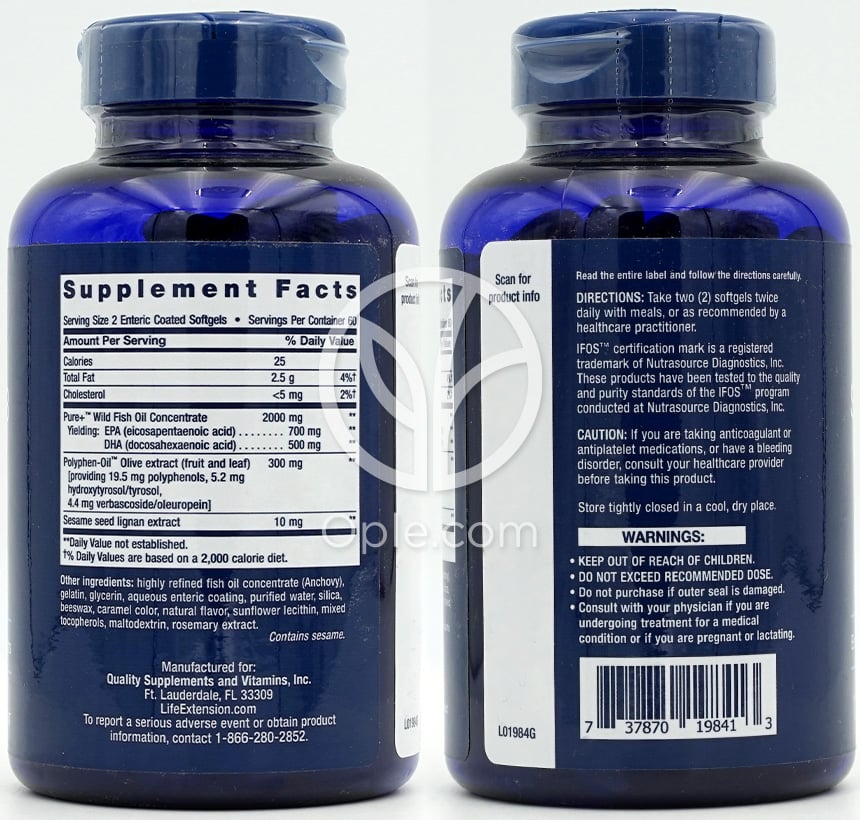 ライフエクステンション_スーパーオメガ-3 EPA/DHA フィッシュオイル セサミリグナン&オリーブエキス、120腸溶性ソフトジェル — 후면