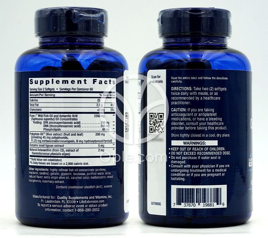 ライフエクステンション_スーパーオメガ-3 プラス EPA/DHA フィッシュオイル ごまリグナン&オリーブエキス オキアミ&アスタキサンチン、120ソフトジェル — 후면
