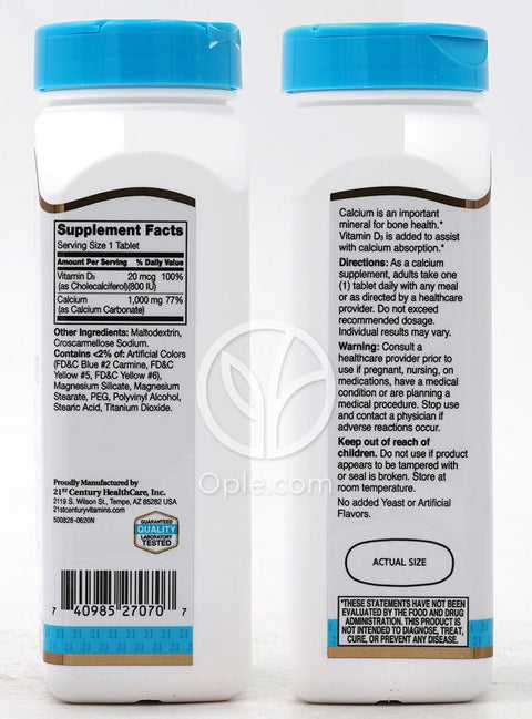 21世紀センチュリー_カルシウム 1000mg プラス ビタミンD3 20mcg (800IU)、90タブレット