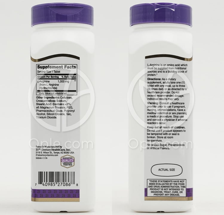 21st Centuryセンチュリー L-アルギニン1000mg、100錠 — 후면