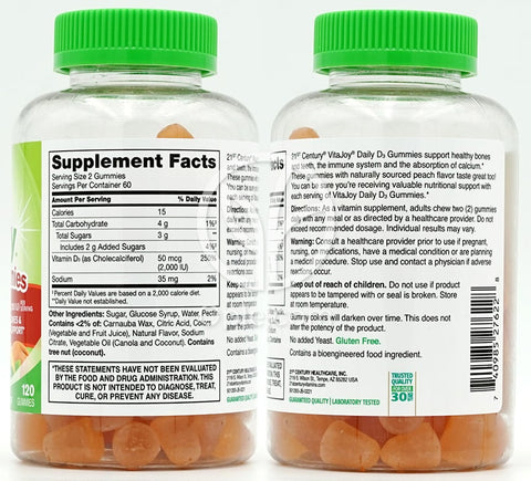 21世紀CENTURY_ビタジョイグミ デイリーD 50mcg ピーチ味、120グミ