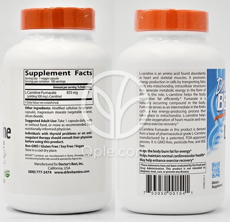 ドクターズベスト_L-カルニチンフマル酸 855mg、180ベジカプセル — 후면