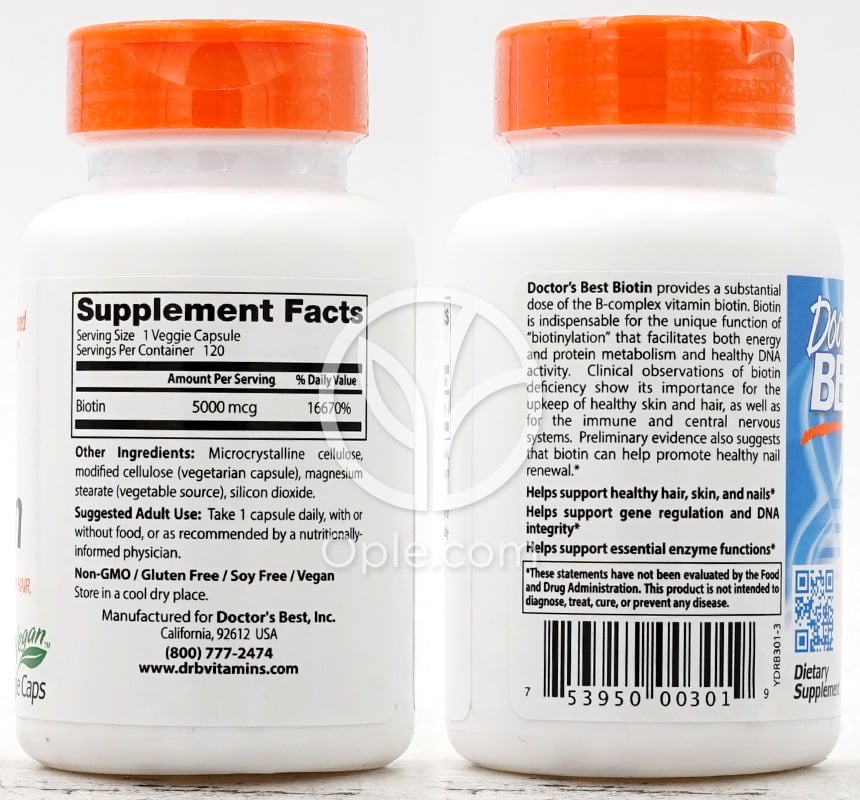 Doctor's Best ビオチン 5000mcg、120 植物性カプセル — 후면