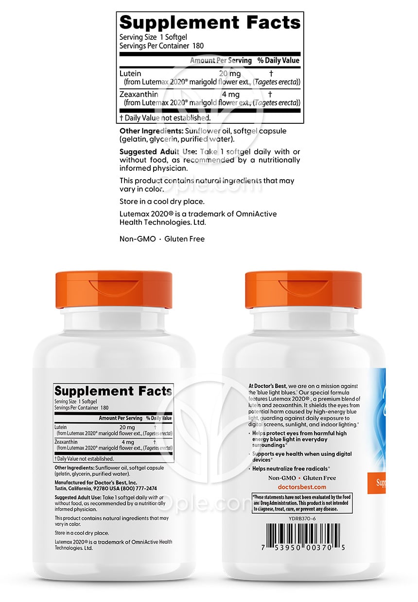 ドクターズベスト_ルテイン ウィズ ルテマックス 20mg、180ソフトジェル — 후면