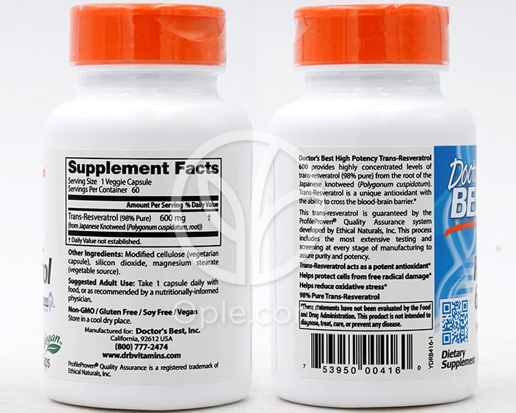 ドクターズベスト ハイポテンシー トランス レスベラトロール 600、600mg、ベジカプセル60粒 — 후면