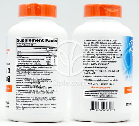 닥터스베스트_퓨리파이드&클리어 오메가 3 피쉬 오일 1000mg 위드 골든오메가, 120 마린 소프트젤