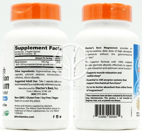닥터스베스트_고흡수 마그네슘 라이시네이트 글리시네이트 100% 킬레이트 105mg, 120 베지캡슐