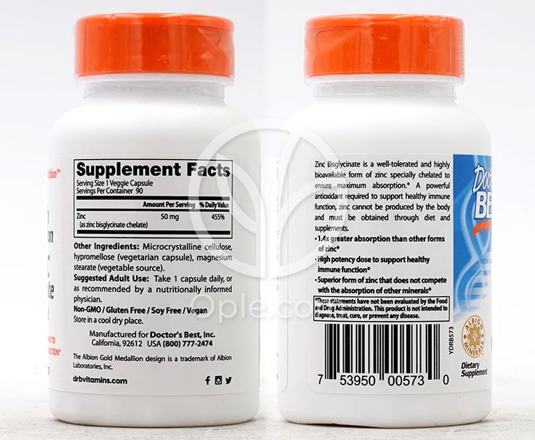 ドクターズベスト_高吸収亜鉛ビスグリシネート100%キレート50mg、90植物性カプセル — 후면