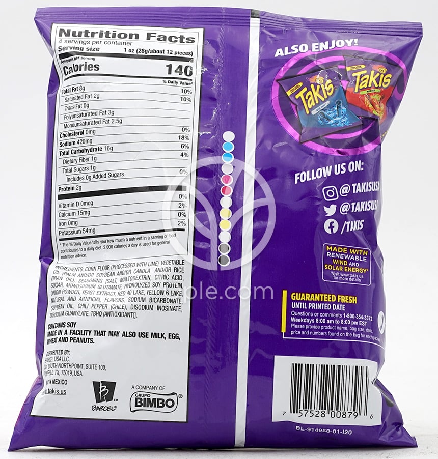 Takis Hot Chili Pepper Tortilla Chips Fuego,  4 oz — 후면