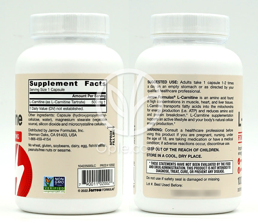 Jarrow Formulas_ビーガン L-カルニチン 500mg、ベジカプセル100粒 — 후면