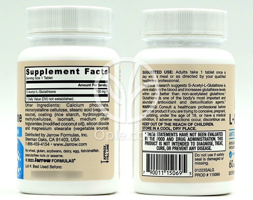Jarrow Formulas_ビーガン S-アセチルL-グルタチオン 100mg、60タブレット — 후면