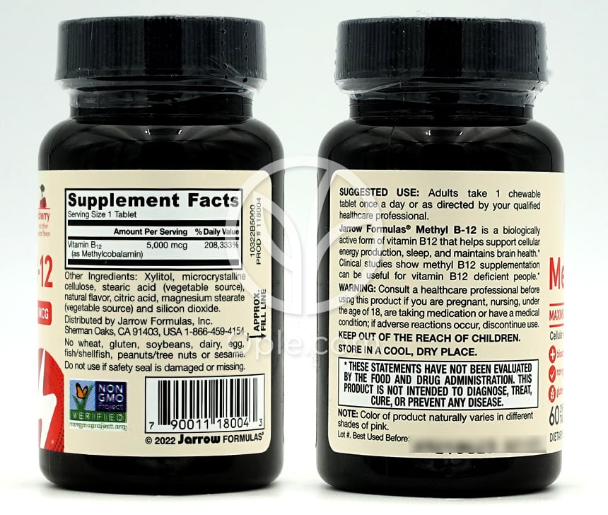 Jarrow Formulas_ビーガン メチルB-12 5000mcg チェリー、チュアブルタブレット60粒 — 후면