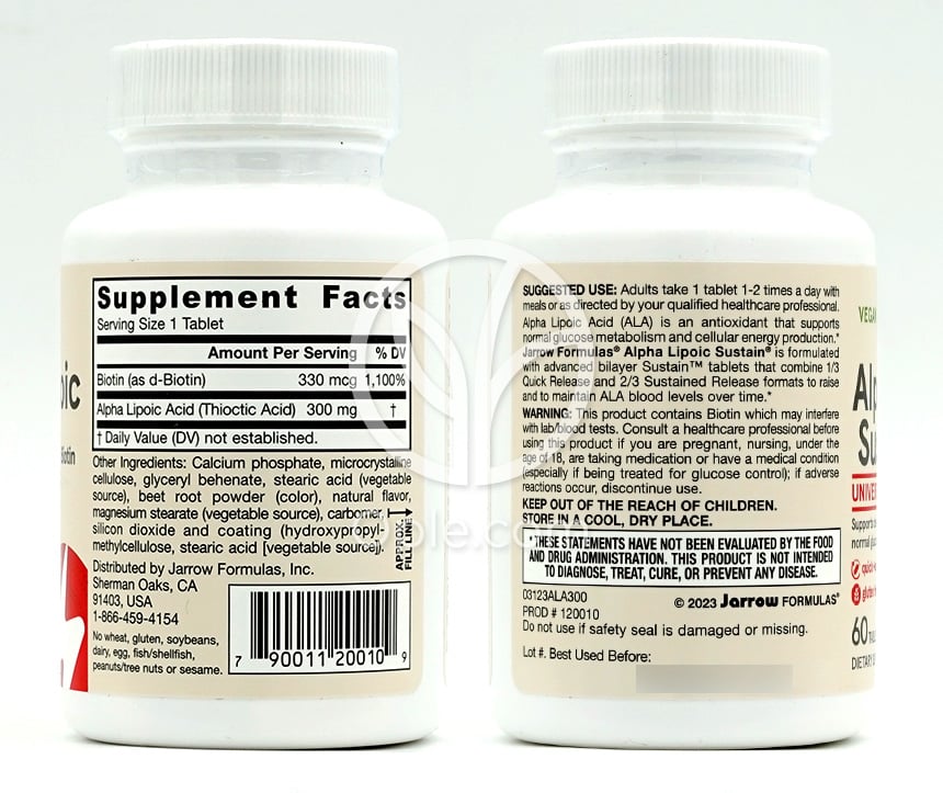 Jarrow Formulas_ビーガンアルファリポ酸サステイン＋ビオチン、60タブレット — 후면