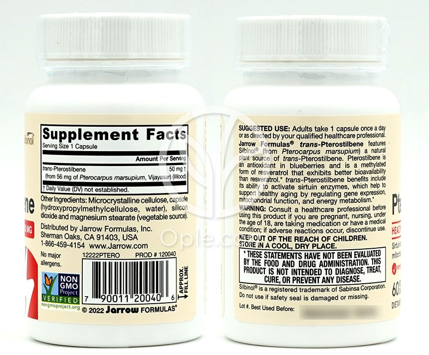 Jarrow Formulas_ビーガン トランス-プテロスチルベン 50mg、60植物性カプセル — 후면