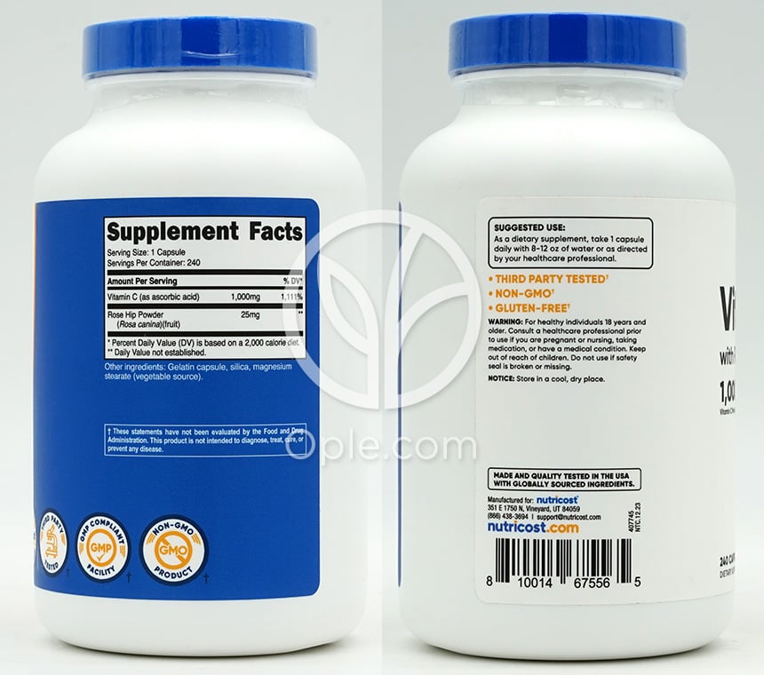 뉴트리코스트_비타민 C 1000mg 위드 로즈 힙, 240캡슐 — 후면