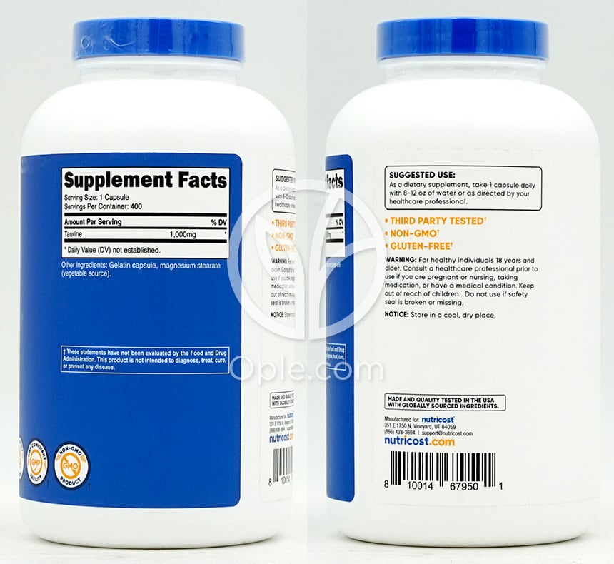 Nutricost タウリン 1000mg、400カプセル — 후면