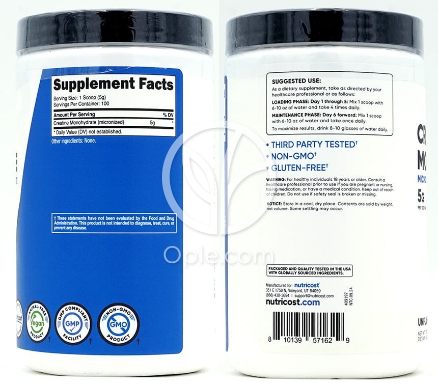 뉴트리코스트_크레아틴 모노하이드레이트 파우더 무맛 5000mg, 500g — 후면