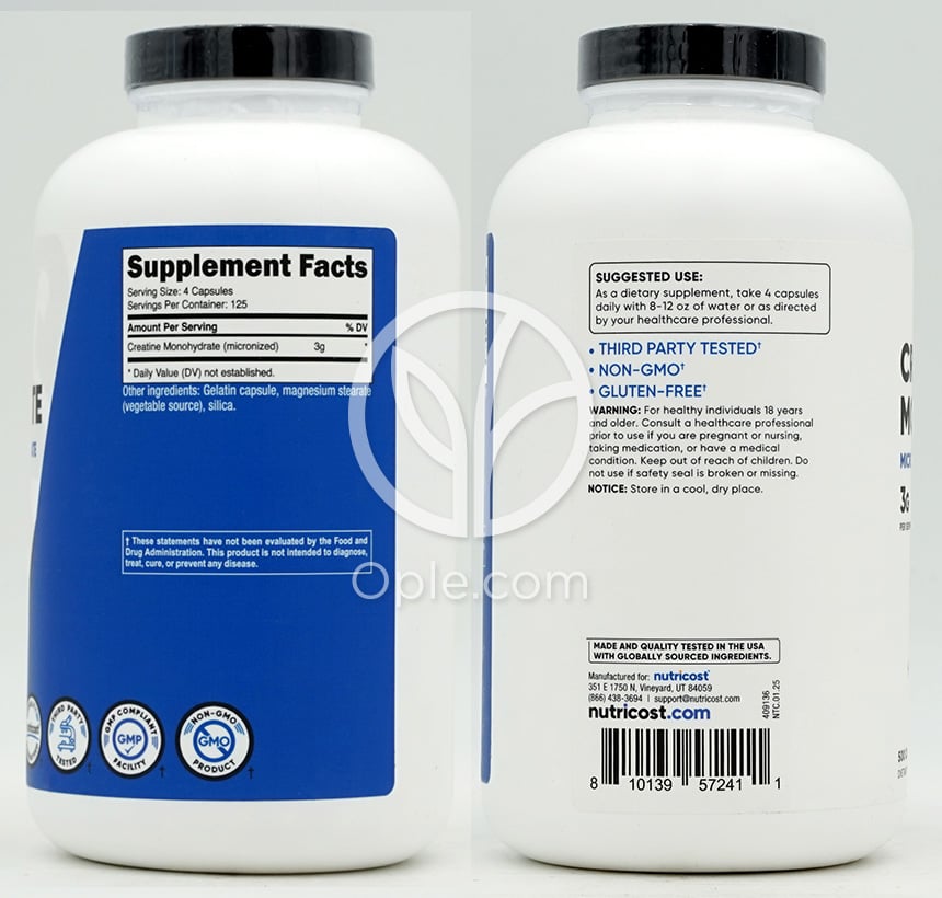 뉴트리코스트_크레아틴 모노하이드레이트 3000mg, 500캡슐 — 후면