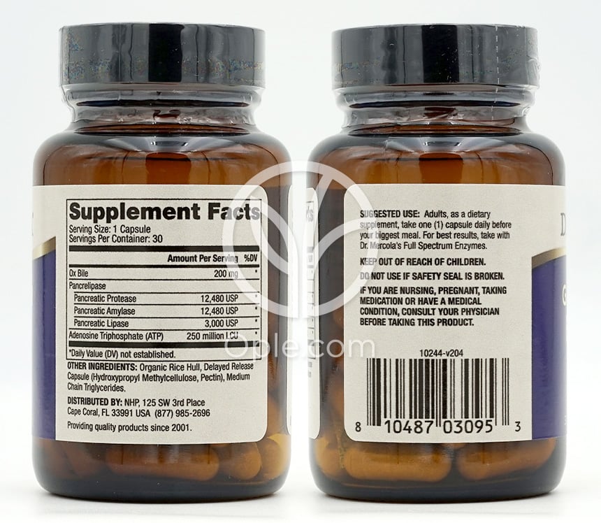 Dr. Mercola 胆嚢酵素、30カプセル — 후면