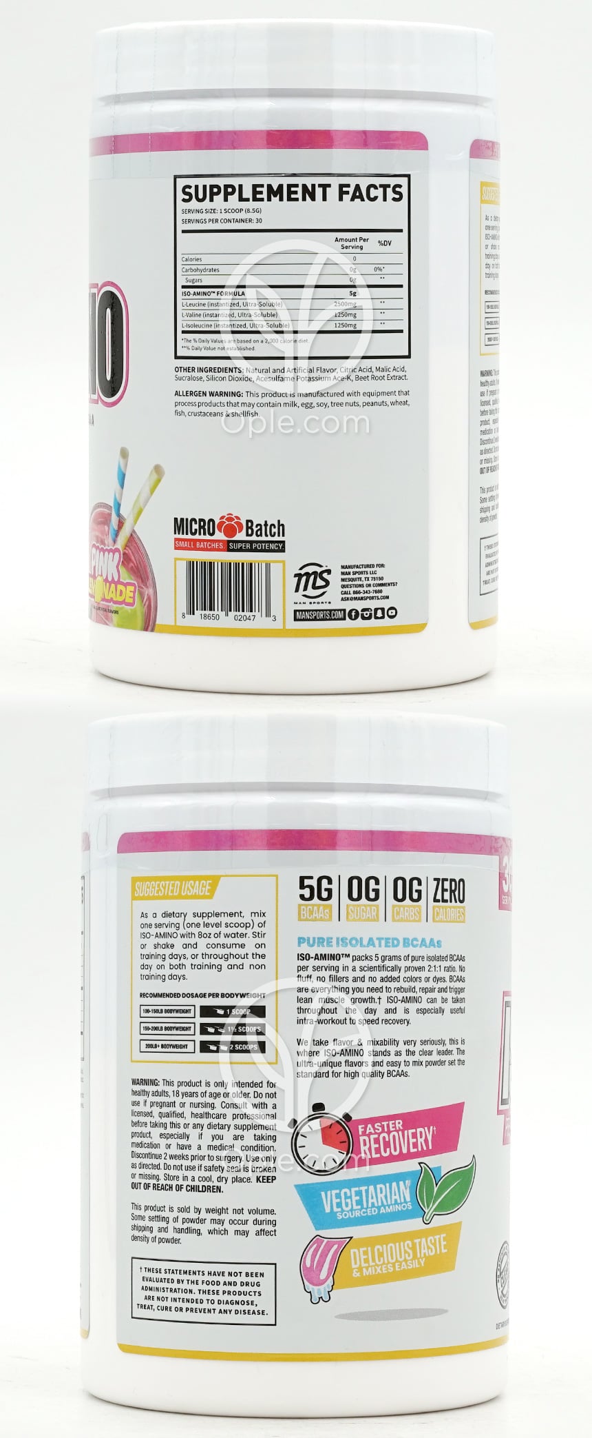 MAN SPORTS_ISO-AMINO プレミアムピュアアイソレートBCAA レインボーピンクレモネード 30食分、255g — 후면