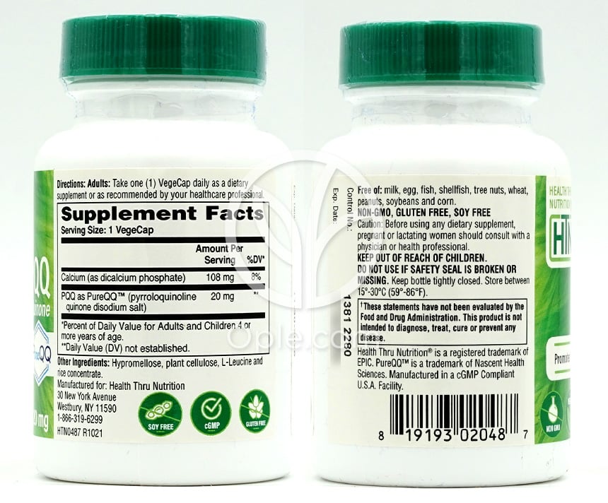 ヘルストゥルーニュートリション_PQQ (ピロロキノリンキノン) 20mg 30ベジカプセル — 후면