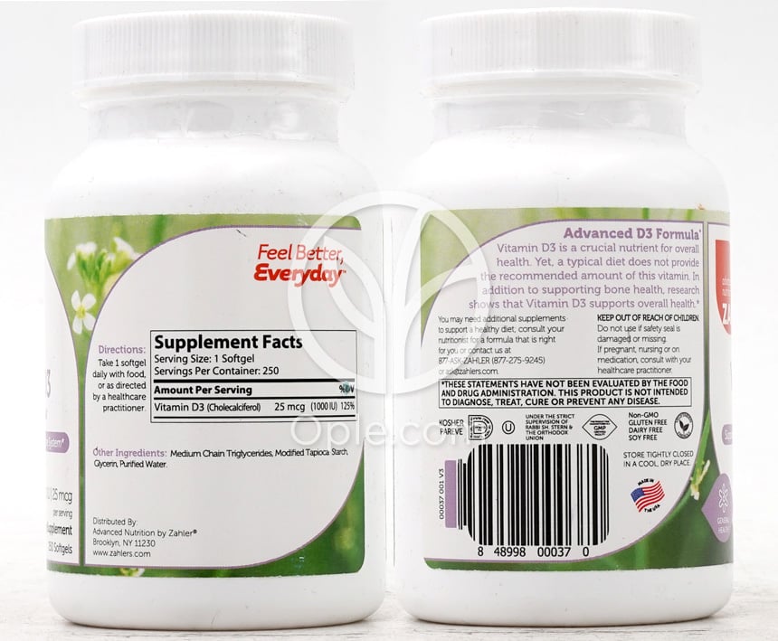 Vitamin D3 1000 IU, 250 Softgels — 후면