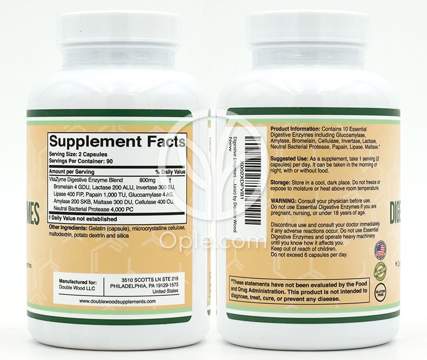 ダブルウッドサプリメント_エッセンシャル消化酵素800mg、180カプセル — 후면