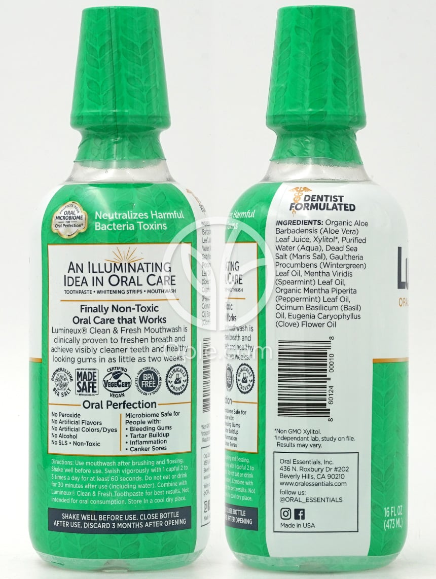 오랄에센셜_루미눅스 인증 무독성 클린&프레쉬 마우스워시 민트, 473ml — 후면