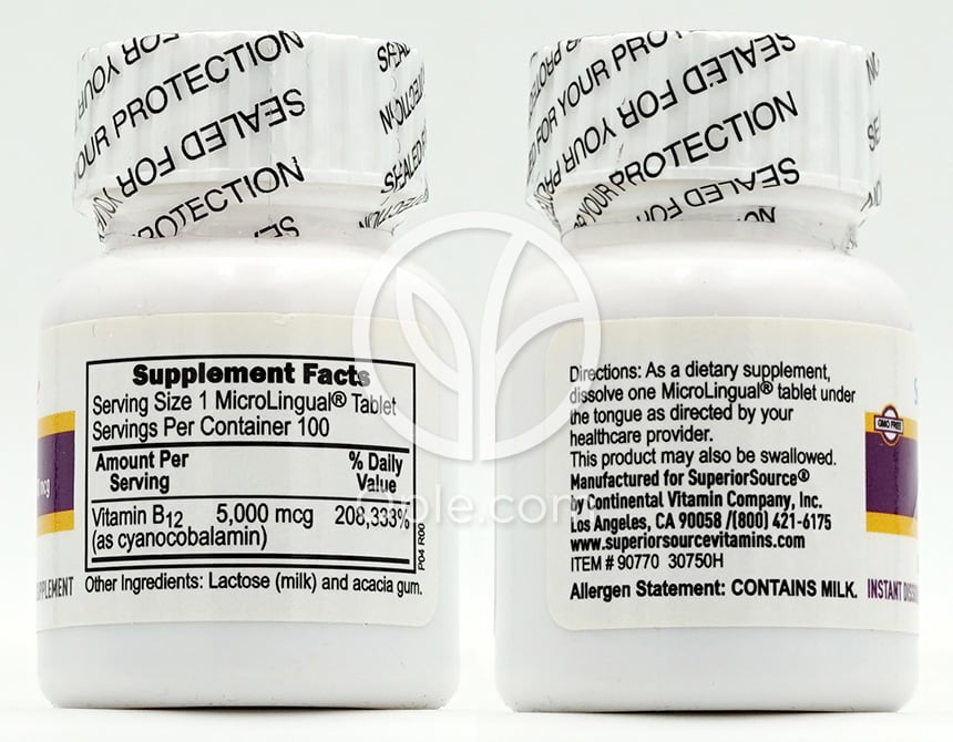 Clearance - Cyanocobalamin B-12 5000 mcg, 100 Instant Dissolve Tablets — 후면